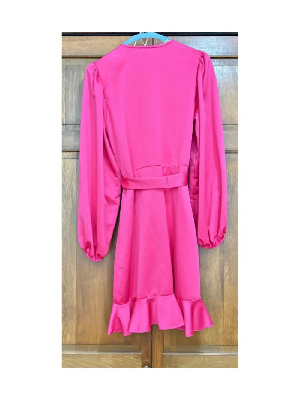 New Look Satin Wrap Dress Hot Pink Ruffle Hem Long Sleeve Size 6